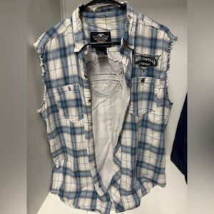 Harley Davidson blue and white plaid sleeveless bottom down men shirt, size L.